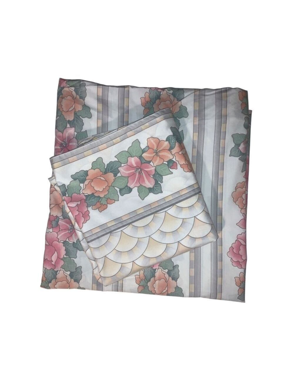 JCPenney Queen Floral Striped Percale Sheet Set White Pink